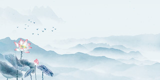 绿色荷花池塘中式意境中国风荷叶水墨山水画古风山水手绘